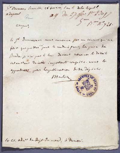Französische Revolution: handgeschriebener Brief vom 26/02/1793 von einem gewissen Merlin über die Eroberung der Stadt Breda in Holland am 24. Februar durch General Dumouriez. Departementalarchive von Nord Lille von Unknown artist