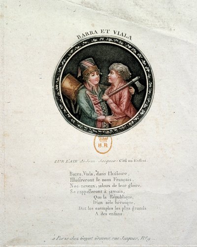 Französische Revolution: Darstellung von Barra und Viala. Joseph Agricol Viala (1780-1793) und Joseph Bara (1780-1793), Heldenkinder der Französischen Revolution, die jeweils in Marseille und in der Vendée für die Republik kämpften. Gravur aus dem 18. Jahr von Unknown artist