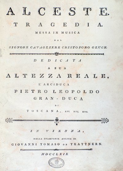 Frontispiz des Notenblatts von Alceste, Oper von C. W. Gluck von Unknown artist