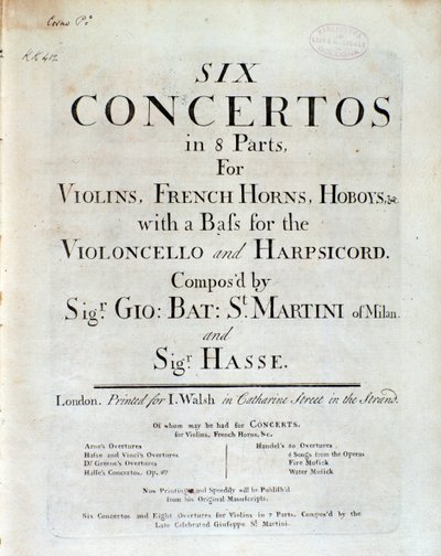 Frontispiz der Partitur von Sechs Konzerten in 8 Teilen von G. B. Sammartini und J. A. Hasse von Unknown artist