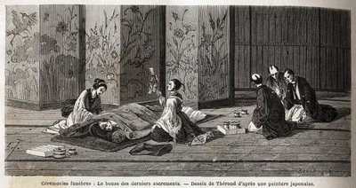 Beerdigungszeremonien: der Mönch der letzten Sakramente. Gravur zur Illustration der Reise nach Japan in den Jahren 1863-1864 von Aime Humbert, Minister der Schweizerischen Eidgenossenschaft, in „Le tour du monde, nouveau journal des voyages“, veröffentlic von Unknown artist