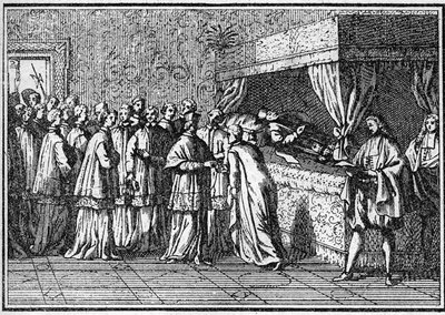 Begräbnis eines Papstes im 18. Jahrhundert: Anerkennung des Leichnams des verstorbenen Papstes. Gravur in „Geschichte der Religionen“ von Unknown artist
