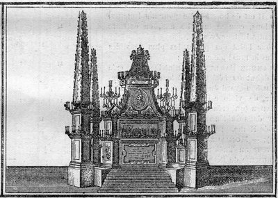 Begräbnis eines Papstes im 18. Jahrhundert: der Katafalk des verstorbenen Papstes. Gravur in „Histoire des religions“. von Unknown artist