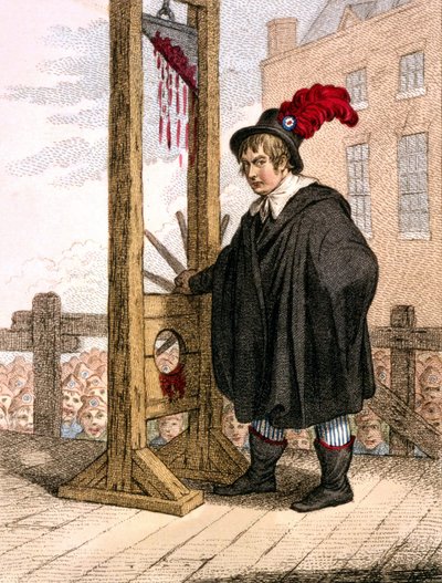 George Tierney als Henker verkleidet, neben einer Guillotine stehend. von Unknown artist