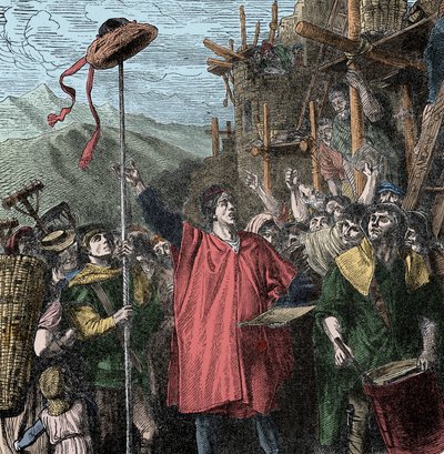 Gesslers Hut - Landvogt Hermann Gessler errichtet einen Pfosten in Altdorf und hängt seinen Hut daran, um die Einwohner zum Verbeugen zu zwingen. Wilhelm Tell von Unknown artist