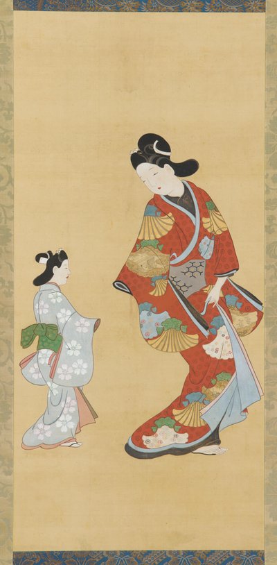 Mädchen im scharlachroten und goldenen Kleid mit einem Kind von Unknown artist