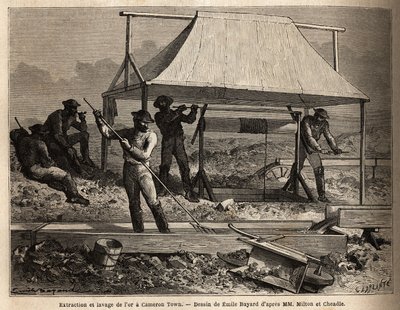Goldabbau und -wäsche in einer Schürfstelle in Cameron Town (British Columbia, Kanada), das Gebiet ist das reichste Goldvorkommen der Region, Gold wird aus unterirdischen Hohlbrunnen gewonnen, aus denen Eimer mit "bezahltem Schlamm", einer Mischung aus Leh von Unknown artist