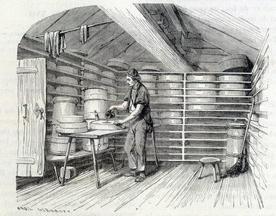 Gruyère-Käserei in einem Schweizer Chalet (Waschen der Rinde) - in „Die Wunder der Industrie“ von Louis Figuier von Unknown artist