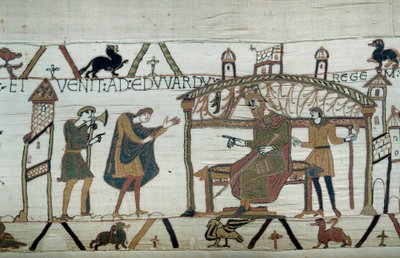 Harold, der nach England zurückkehrte, nach seiner Gesandtschaft beim Herzog Wilhelm dem Eroberer (1027-1087), erzählte seine Reise König Edward dem Bekenner (Detail) von Unknown artist