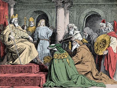 Geschenke von Harun al-Raschid - Botschafter des abbasidischen Kalifen Harun al-Raschid (763-809) bieten Karl dem Großen (742-814) um 802 ihre Geschenke an von Unknown artist