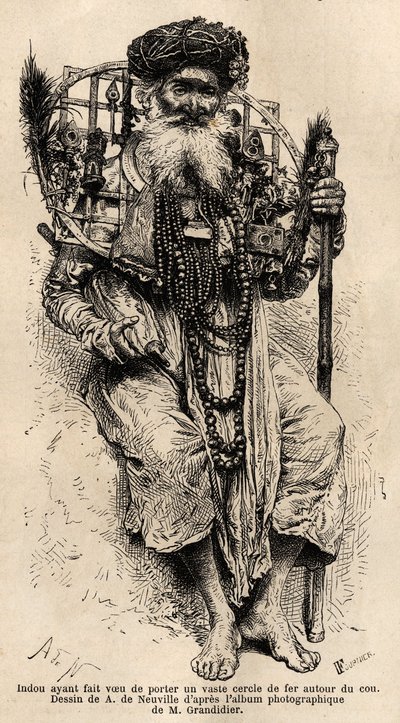 Ein Hindu, der sich verpflichtet hat, einen großen Eisenring um den Hals zu tragen. Gravur zur Illustration der Reise in die südlichen Provinzen Indiens, von Alfred Grandidier, 1862-1864, veröffentlicht in „Le tour du monde“, unter der Leitung von Edouard  von Unknown artist