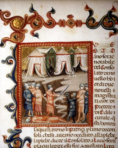 Historiae romanae decades (= Gruppen von 10 Büchern) (auf Französisch Geschichte Roms von seiner Gründung bis 292 v. Chr.) von Titus Livius (Titus Livius) oder Titus Livius auf Latein (-59 - 17). Miniatur, die die römische Eroberung darstellt. 14. Jahrhund von Unknown artist