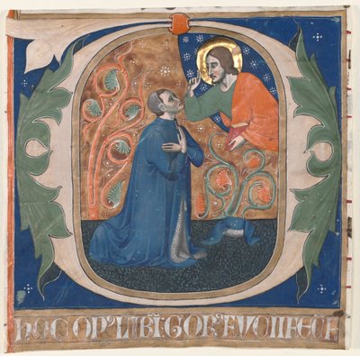 Historisierte Initiale (O) aus einem Antiphonar: Der Stifter, Gorus Fucci, kniet vor Christus von Unknown artist