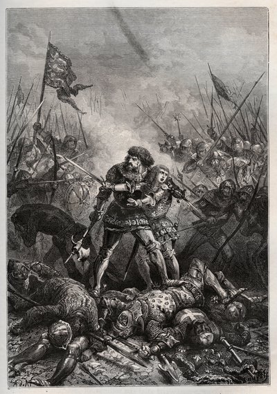 Hundertjähriger Krieg: König von Frankreich Johann II. der Gute und sein Sohn Philipp II. von Burgund (1342-1404), bekannt als „Philippe le Hardi“, kämpfen gegen die Engländer in der Schlacht von Poitiers am 19.09.1356) (König von Frankreich Johann II. von von Unknown artist