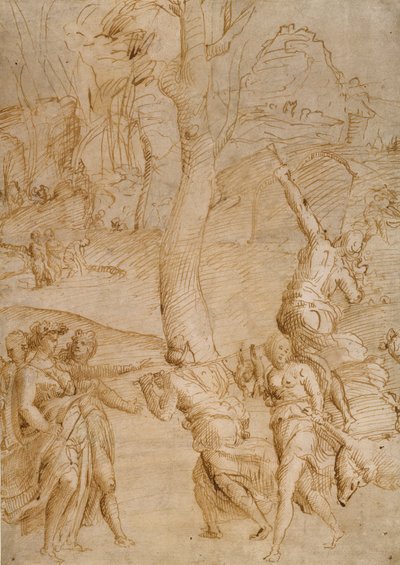 Jagdszene (recto); Zwei Studien eines Paares liegender Flussgötter (?), eine Sarkophagfront (?) verso von Unknown artist