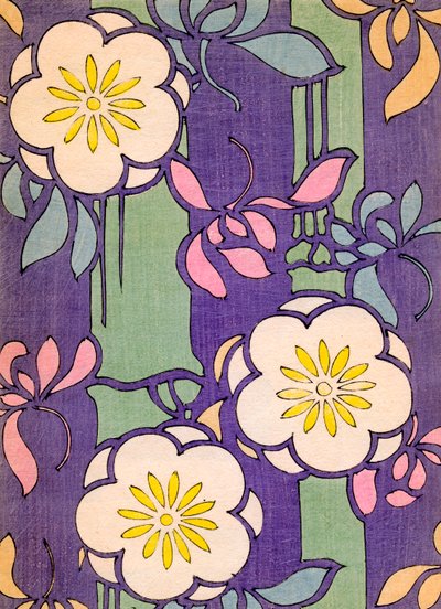 Illustration von Blumenblüten auf einem Lavendel- und grünen Hintergrund von Unknown artist
