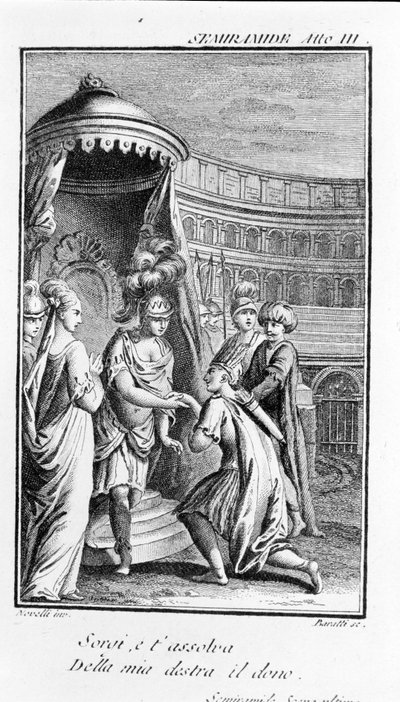 Illustration der Oper Sémiramis von Antonio Salieri (1750 - 1825). Libretto von Pierre Metastase (oder Pietro Metastasio). Akt III, letzte Szene von Unknown artist