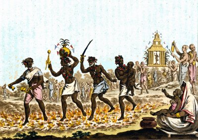 Indien. Fakire gehen auf glühenden Kohlen. 19. Jahrhundert Gravur von Unknown artist