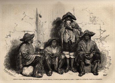 Inder aus Cuzco (Peru), gekleidet in Manta, Sandalen und traditionellem Sombrero, beschäftigt als Arbeiter für die Ausbeutung von Guano-Ablagerungen auf den Chincha-Inseln, trinken Shisha, aber fermentierten Brandy. Gravur zur Illustration Les iles Chincha von Unknown artist