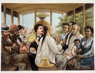 Indonesier und Westler in einem indonesischen Bus - „Het kamerlind van Berkentstein in Nederlandsch-Indie“ von MTH Perelaer - Leiden - AW Sijjhoff Zeichnungen von JC Rappard - Batavia „dans un transport“ der erste Abend an Land von Unknown artist