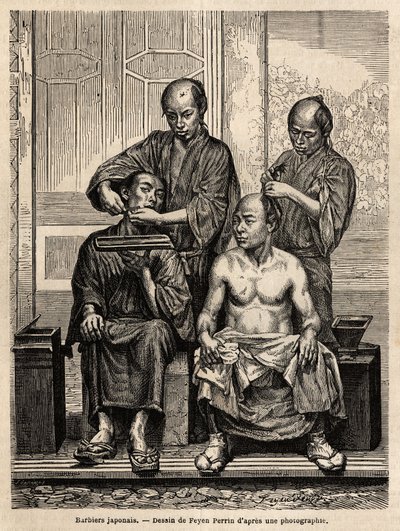 Japanische Friseure in ihrem Laden, einer rasiert einen Bart, der andere frisiert einen Mann mit nacktem Oberkörper. Illustration der Reise nach Japan, 1863-1864, von Aime Humbert, Minister der Schweizerischen Eidgenossenschaft, in "Le tour du monde, nouve von Unknown artist
