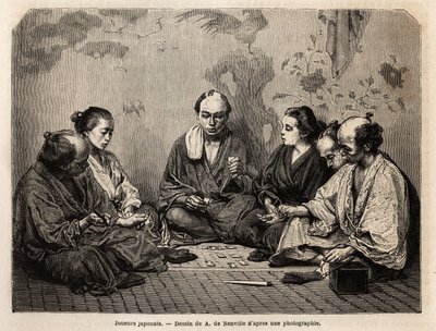 Japanische Spieler mitten im Kartenspiel. Gravur zur Illustration Japans, Reisebericht von Aimé Humbert, Minister der Schweizerischen Eidgenossenschaft, 1863-1864, veröffentlicht in „Le tour du monde, nouveau journal des voyages“, unter der Leitung von Edo von Unknown artist