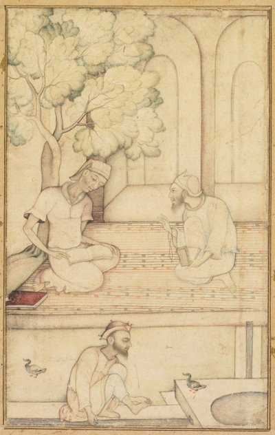 Kabir und zwei Anhänger auf einer Terrasse (recto) von Unknown artist