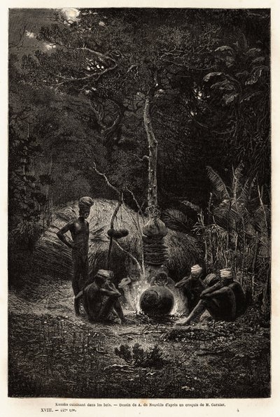 Kanaken kochen im Wald, im Gebiet von Pamale. Gravur zur Illustration der Reise nach Neukaledonien, von Jules Garnier, Bergbauingenieur, 1863-1866, veröffentlicht in „Le tour du monde, nouveau journal des voyages“, herausgegeben von Edouard Charton von Unknown artist