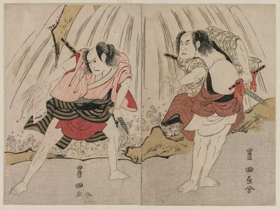 Kataoka Nizaemon VII und Ichikawa Yaozo III in einer Konfrontation neben einem Wasserfall von Unknown artist