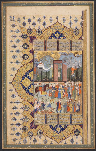König Luhrasp besteigt den Thron: eine Prozession kommt am Hof an, recto des linken Blattes einer doppelseitigen Komposition aus einem Shahnama (Buch der Könige) von Firdausi (940-1019 oder 1025) von Unknown artist
