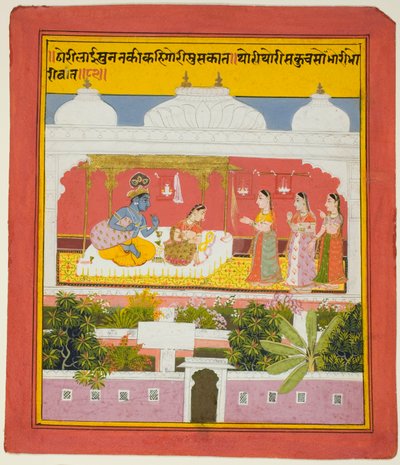 Krishna und Radha in einem Pavillon, aus einer Kopie der Siebenhundert Verse (Sat Sai) von Bihari von Unknown artist