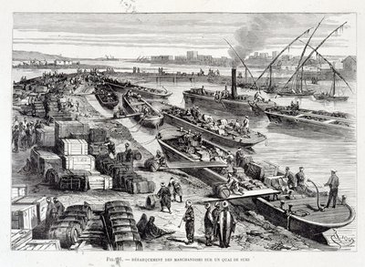 Entladung von Waren an einem Dock im Suezkanal von Unknown artist
