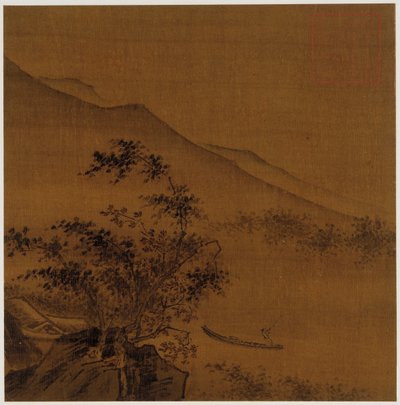 Landschaft: Hänge, Felsen, Bäume, Haus und ein Boot von Unknown artist