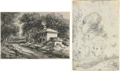 Landschaft mit Hütte (recto); Studien von Köpfen (verso) von Unknown artist