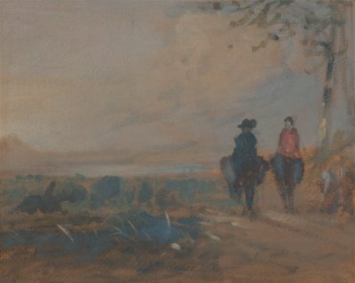 Landschaft mit See und zwei reitenden Figuren von Unknown artist