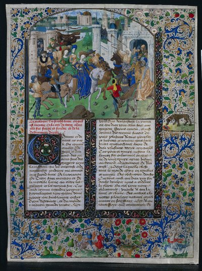 Blatt aus Jehan de Courcys "Chronique Universelle": König Priamos trifft Helena und Paris vor den Toren Trojas von Unknown artist