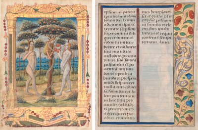 Blatt aus einem Stundenbuch: Adam und Eva und der Sündenfall (Einleitende Miniatur zum Marienoffizium) (recto) und Text mit illustriertem Rand (verso) (1 von 3 herausgetrennten Blättern) von Unknown artist