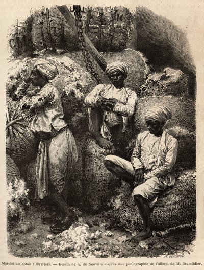 Die Parsi-Arbeiter ruhen sich auf dem Baumwollmarkt von Bombay aus. Gravur zur Illustration der Reise in die südlichen Provinzen Indiens, von Alfred Grandidier, 1862-1864, veröffentlicht in „Le tour du monde“, 1869, herausgegeben von Edouard Charton, Hache von Unknown artist