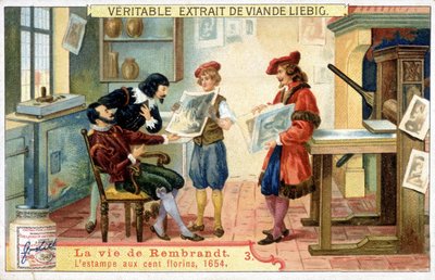 Liebig-Chromolithografie über das Leben von Rembrandt (1606 - 1669), niederländischer Maler. Dies ist der Hundert-Gulden-Druck von 1654 von Unknown artist
