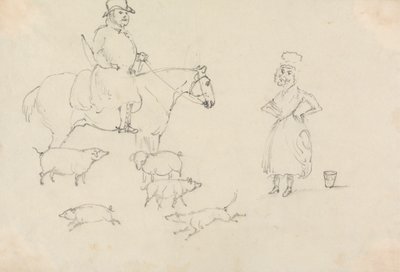 Mann auf Pferd mit Schweinen von Unknown artist