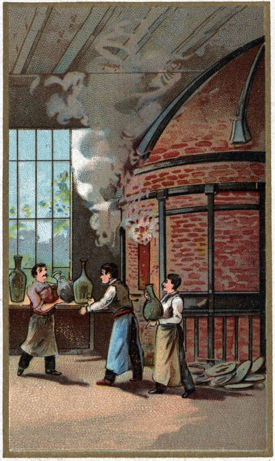 Porzellanherstellung: Brennen. Chromolithographie aus dem späten 19. Jahrhundert von Unknown artist
