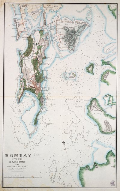 Karte von Bombay mit dem Hafen und dem angrenzenden Land, auch gezeigt Arabisches Meer und Persischer Golf, ca. 1855 von Unknown artist