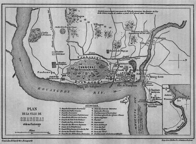Karte der Stadt Shanghai im Jahr 1860, Ansicht der chinesischen Altstadt und der ausländischen Konzessionen im Jahr 1860. Karte in „Le Tour du Monde, Nouveau journal des Voyages“, herausgegeben von Edouard Charton, Paris von Unknown artist