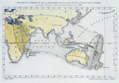 Karte, veröffentlicht vom Bureau of Longitudes, zeigt den Verlauf des Schattens und der Dunkelheit des Mondes auf der Erdoberfläche während der Sonnenfinsternis von 1868 von Unknown artist