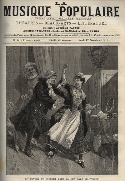 Marie Justine Benoite Duronceray, genannt Madame Favart, und Rochart in der „Servante Maitresse“ (Serva padrona) von Pergolese (Giovanni Battista Pergolesi) - Gravur in „Popular Music“ illustriertes Wochenblatt - 1882 von Unknown artist