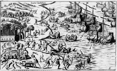 Begegnung zwischen den Leuten von Christoph Kolumbus und den Kannibalen - in „Nova Tipus Transacto Navigatio Novi Orbi“ von Philoponus Honorius von Unknown artist