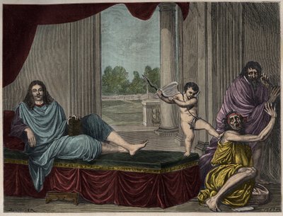 Moliere Jean Baptiste Poquelin (1622-1673) beschwört den Geist der Komödie, um das Laster zu stürzen und die Heuchelei zu entlarven - Gravur nach einem Gemälde, das im 17. Jahrhundert verschwand von Unknown artist