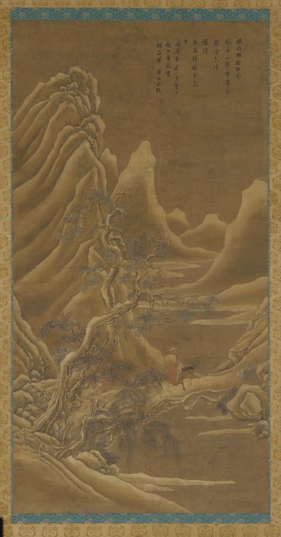 Berge, ein Fluss und Kiefern—ein Mann auf einem Esel von Unknown artist