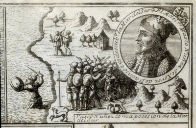 NUNEZ DE BALBOA, Vasco (1475-1517). Englischer Entdecker und Eroberer. Spanien. Spanische Kolonisation (1513). Vasco Nunez nimmt Besitz vom Südmeer. Bild von 1728. Gravur. von Unknown artist