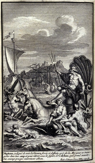 Neptun, empört über die Taten der Griechen, verlässt das Meer, um ihr Lager zu erreichen (Illustration aus Buch XIII der Ilias von Homer) von Unknown artist